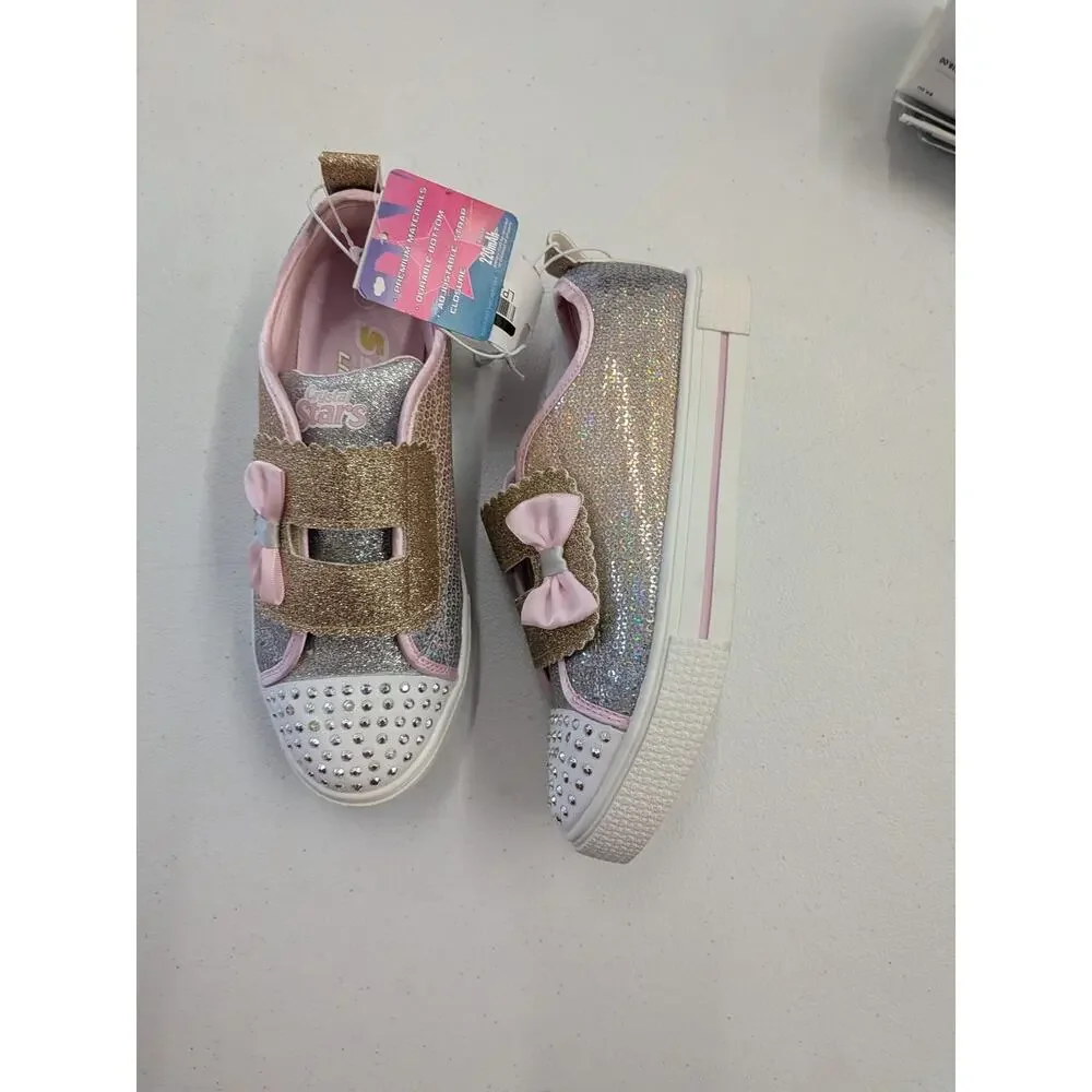 Crystal Stars Girls Glitter Sneakers Pink Gold Rhinestone Hook & Loop Shoes Siz1